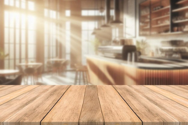 Leere hölzerne Tischplattform und verschwommener Hintergrund eines Restaurants oder Kaffeehauses