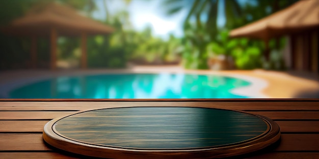 Leere Holzoberfläche mit Sommerreisehotel-Swimmingpoolhintergrund Generative ai