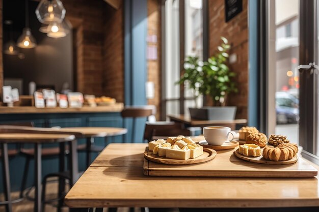 Leere Holztafel in einem gemütlichen Café mit Gebäck