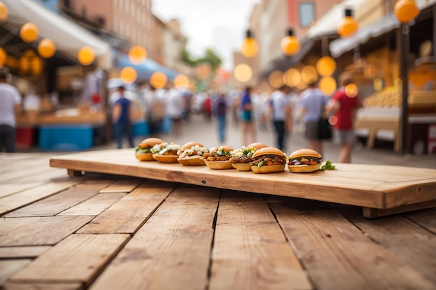 Foto leere holztafel mit einem verwirrten street-food-festival