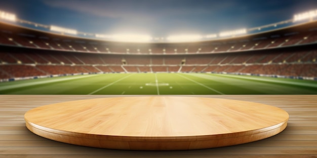 Leere Holztisch-Produktpräsentationsbühne mit großem Sportstadion-Hintergrund