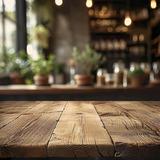 Leere Holztischplatte auf Bokeh-Hintergrund, Blick auf moderne Küche, Produktpräsentation von Lebensmitteln