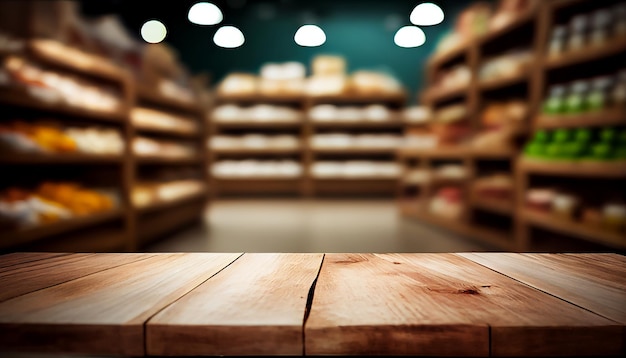 Leere Holztischplatte auf Regal im Supermarkt verschwommenen Hintergrund