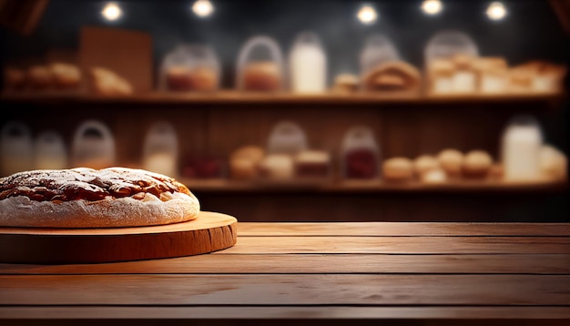 Leere Holztischplatte auf unscharfer Bäckerei oder Café-Restaurant mit abstraktem Bokeh-Hintergrund