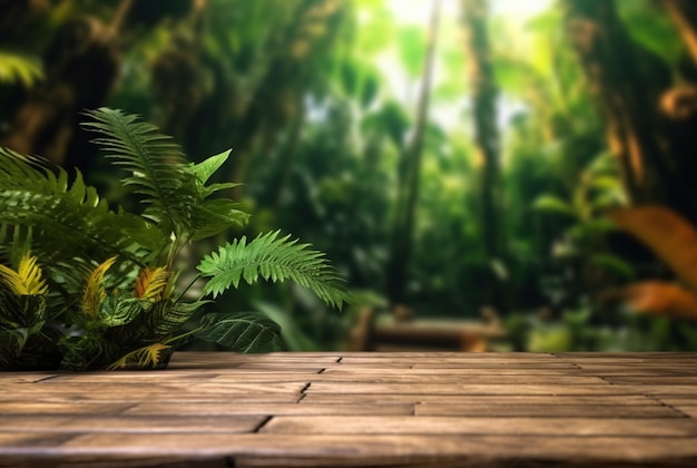 Leere Holztischplatte auf wunderschönem tropischen Blatt aus Gartenhintergründen, generative KI