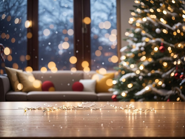 Leere Holztischplatte mit abstraktem, warmem Wohnzimmerdekor mit Weihnachtsbaum