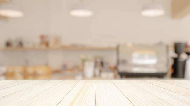 Leere Holztischplatte mit unscharfem Hintergrund im Café-Restaurant