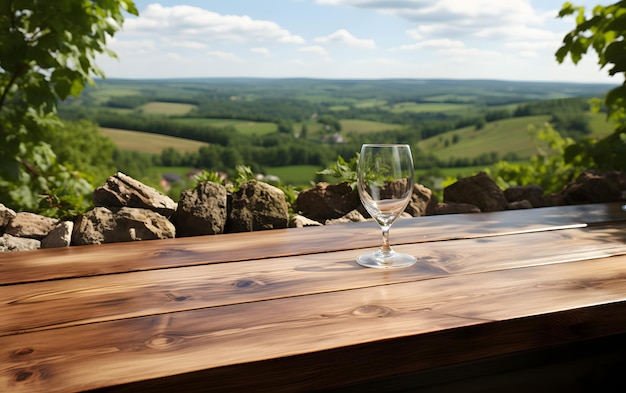 Leere Holztischplatte mit verschwommenem Weinberg