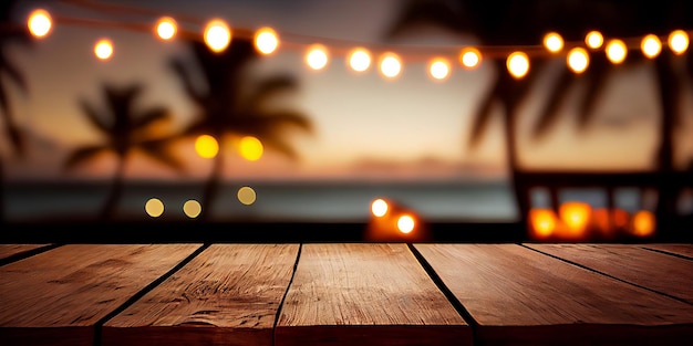 Leere Holztischplatte Produktdisplay Vitrinenbühne Tropischer Sommer Sonnenuntergang Strandbar Hintergrund Generative ai