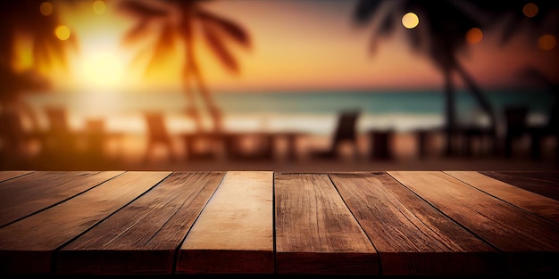 Leere Holztischplatte Produktdisplay Vitrinenbühne Tropischer Sommer Sonnenuntergang Strandbar Hintergrund Generative ai