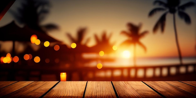 Leere Holztischplatte Produktdisplay Vitrinenbühne Tropischer Sommer Sonnenuntergang Strandbar Hintergrund Generative ai