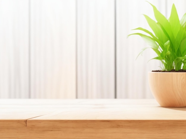 Leere Holztischplatte und verschwommene Pflanzen auf dem Hintergrund kopieren Platz für Ihr Objektprodukt
