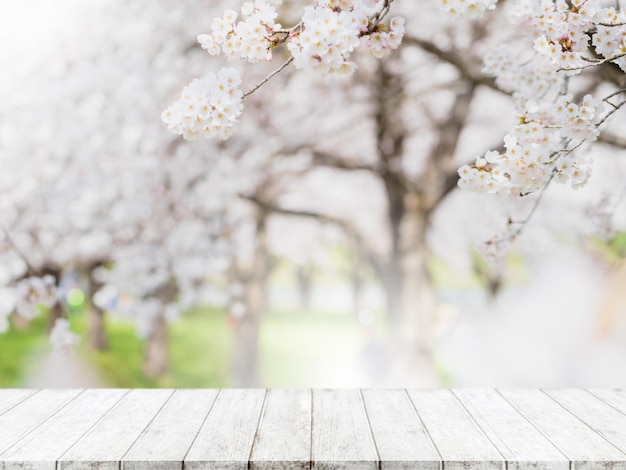 Leere Holztischplatte und verschwommener Sakura-Blumenbaum im Gartenhintergrund mit Vintage-Filter können zur Anzeige oder Montage Ihrer Produkte verwendet werden