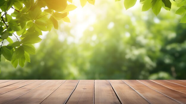 Leere Holztischplatte und verschwommener Sommerbaum- und Sommerblatthintergrund
