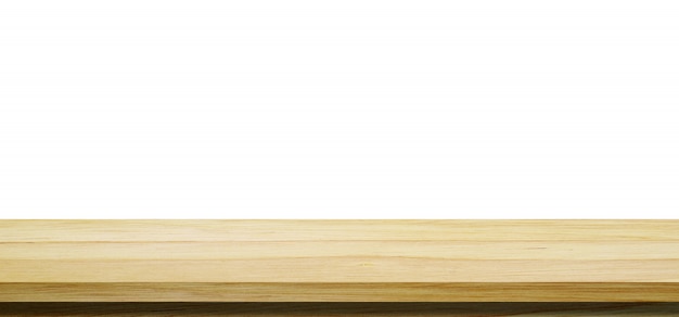 Leere Holztischspitze, Schreibtisch lokalisiert auf weißem Hintergrund