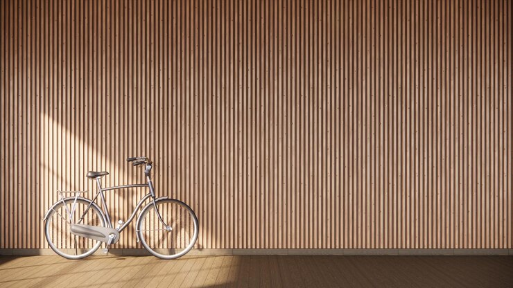 Foto leere holzwand hat fahrrad auf einem holzparkettboden 3d-rendering
