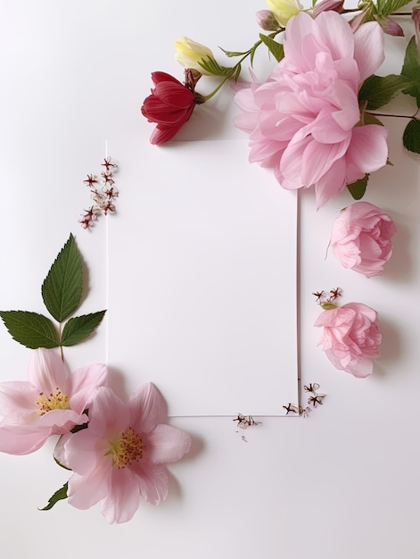 Leere Karte der vertikalen Draufsicht mit Blumen Abstrakte organische Blumen Blühende Blumen auf weißem Hintergrund für Einladungskarte