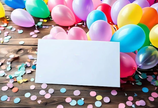 Foto leere karte mit ballons auf hölzernem hintergrund mit konfettidruck und hintergrund für grußkarten