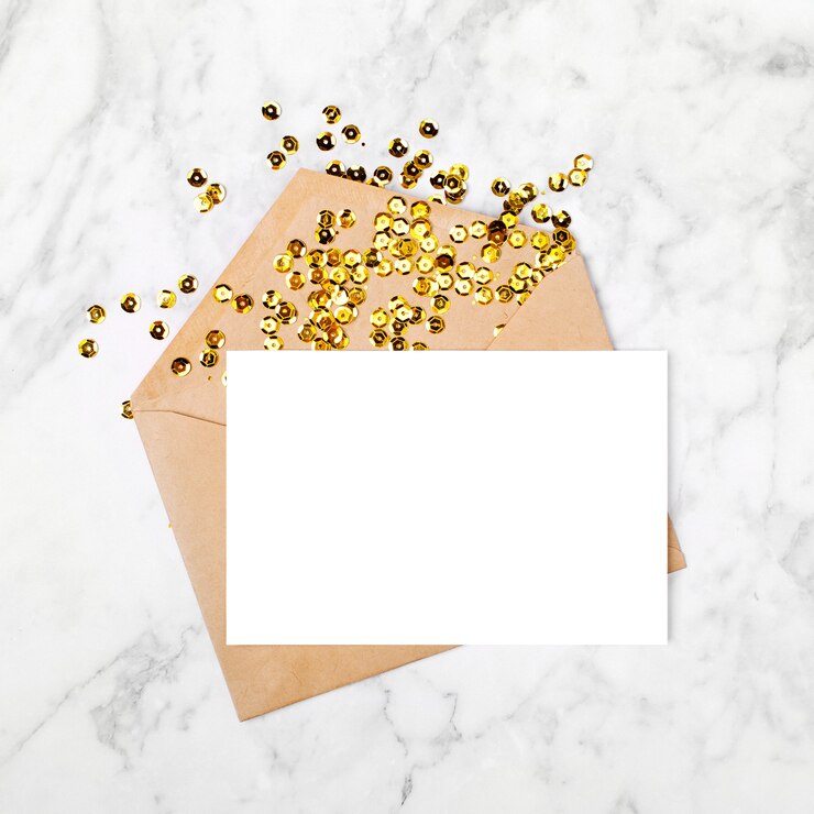 Foto leere karte mit umschlag und goldkonfetti. modellvorlage. von oben betrachten