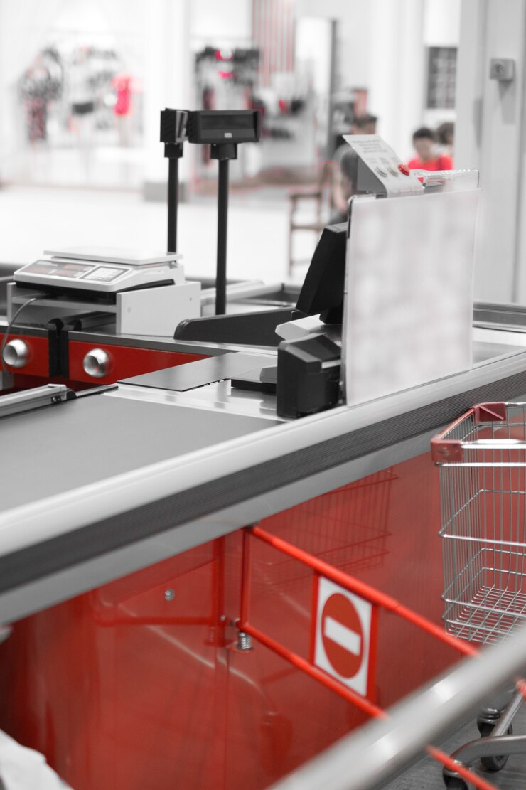 Leere Kasse mit geschlossener Grenzlinie im Supermarkt.
