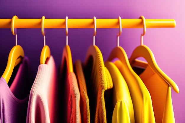 Leere Kleiderbügel auf pastellrosa und gelbem Hintergrund mit Kopierraum