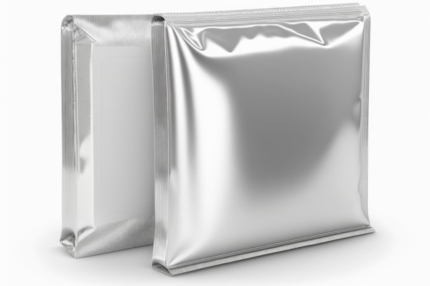 Leere Lebensmittelverpackung aus Folie isoliert auf weißem Hintergrund. Lizenzfreie fiktive generative KI-Kunstwerke