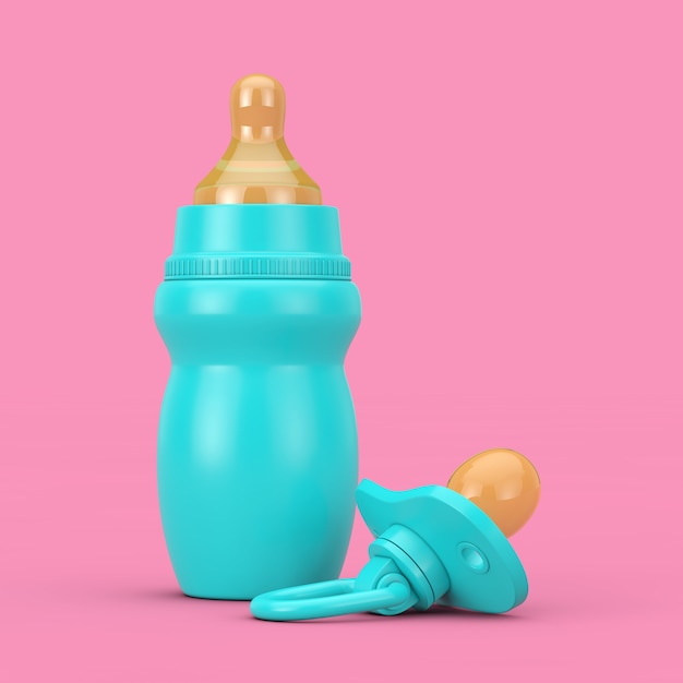 Foto leere leere blaue babymilchflasche mit schnuller im duotone-stil auf rosafarbenem hintergrund. 3d-rendering