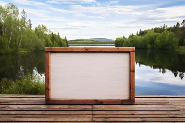 leere Leinwand auf einem Holzpier mit dem See im Hintergrund.