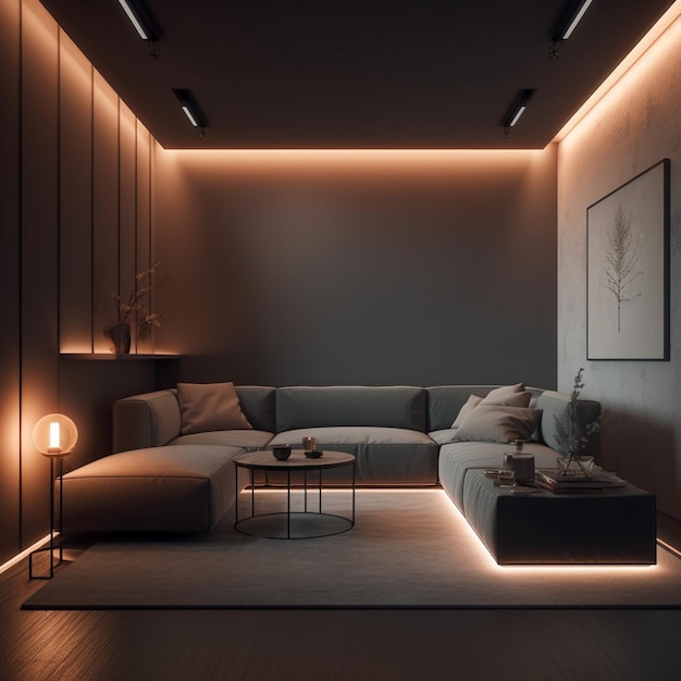 Leere Lichtwand eines modernen Raums mit Innenbeleuchtung. Ein elegantes Sofa mit generativer KI