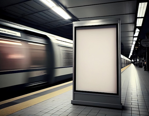 Leere Mock-up-Leuchtkastenvorlage mit vertikalem Schilderständer in Railway Station AI generiert