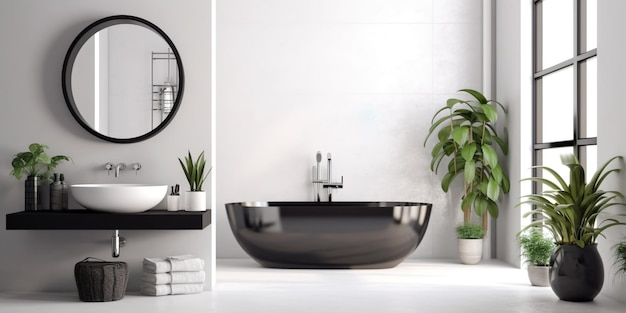 Leere Mock-up-Wand. Moderne schwarze Badezimmereinrichtung mit dekorativem, rundem Spiegel aus Baum-Badewanne und Waschbecken