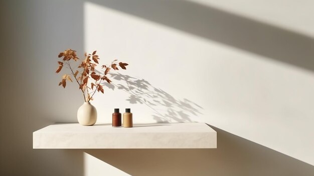 Leere moderne, minimalistische Theke im gesprenkelten Sonnenlicht und planen Sie eine Vase mit generativer KI