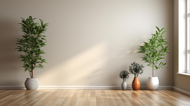 Leere moderne minimalistische Wohnzimmer Weiße Wände Hartholzboden Indoor-Pflanzen in Töpfen schönes Licht aus Panorama-Fenster Mockup