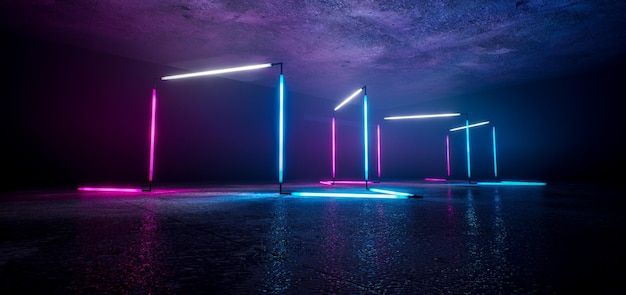 Leere Neonbühne für Produktersatz mit futuristischem Rechteck blau und rosa Neonlicht Hintergrund 3D-Rendering