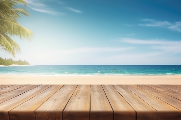 Leere Oberseite eines Holztisches oder einer Theke und Blick auf den tropischen Strand und den Ozean, die von KI generiert wurden