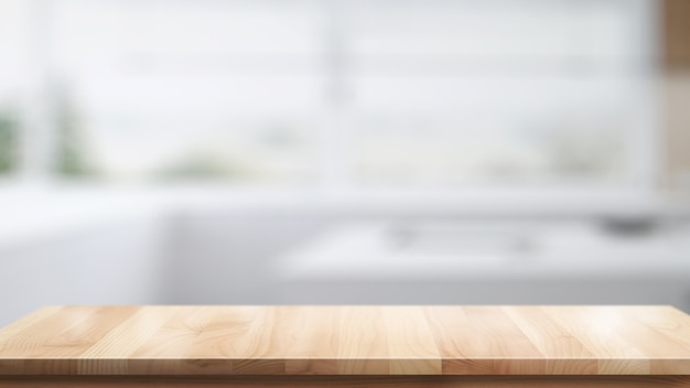 Leere oberste hölzerne tabelle für produkt- oder lebensmittelmontage im modernen küchenraumhintergrund.