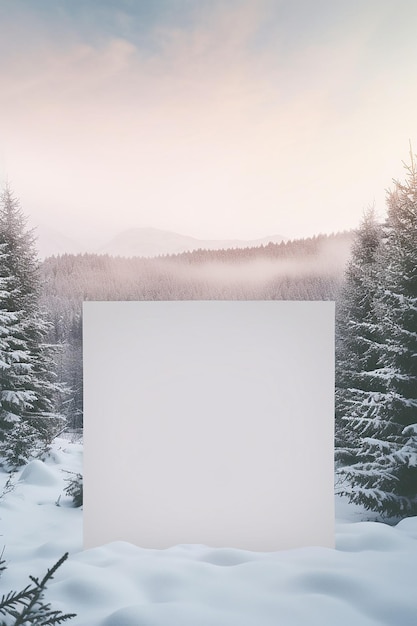 Foto leere papierpostkarte, die auf einer verschneiten landschaft mit kiefern mit mittlerem schuss ultradetailed liegt