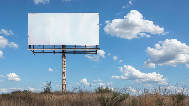 Foto leere plakate auf einem feld mit hohem gras es gibt keine menschen auf dem bild der himmel ist blau und es gibt einige wolken in der ferne