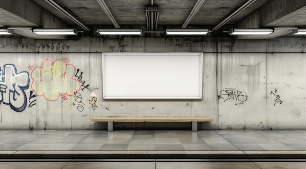 Leere Plakattafel im Untergrund mit Graffiti an der Wand Poster-Mockup