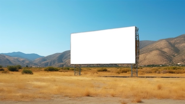 Leere Plakatwand auf einem Feld mit Bergen im Hintergrund