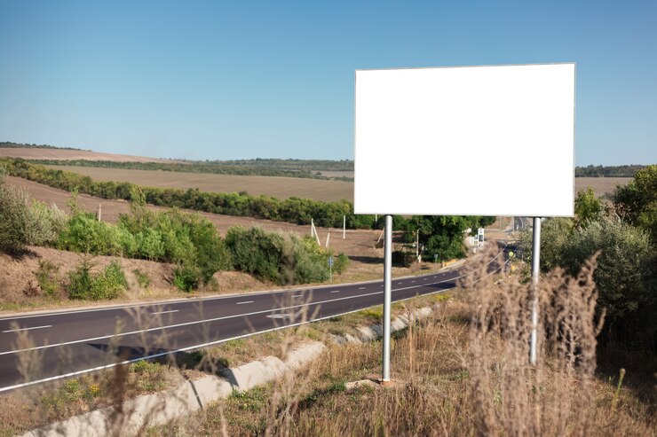 Leere Plakatwand für Werbeplakat nahe Asphaltstraße.