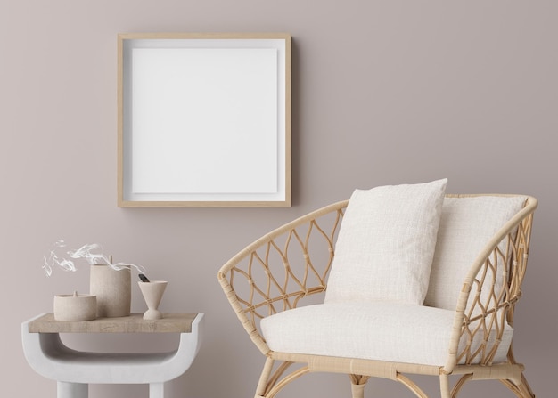 Leere quadratische Bilderrahmen-Attrappe im Zimmer im Boho-Stil. Leerer Raum für Kunstwerk-Poster. Rattan-Sessel. Holzrahmen-Attrappe-Vorlage. Nahaufnahme der 3D-Darstellung