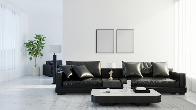 Leere rahmen im modernen wohnzimmer mit schwarzem ledersofa, weiße leere wand, skandinavischer stil, 3d-rendering