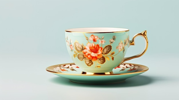 Leere Retro-Vintage-Tasse mit Blumenmuster, Seitenansicht, heller Hintergrund, generative KI