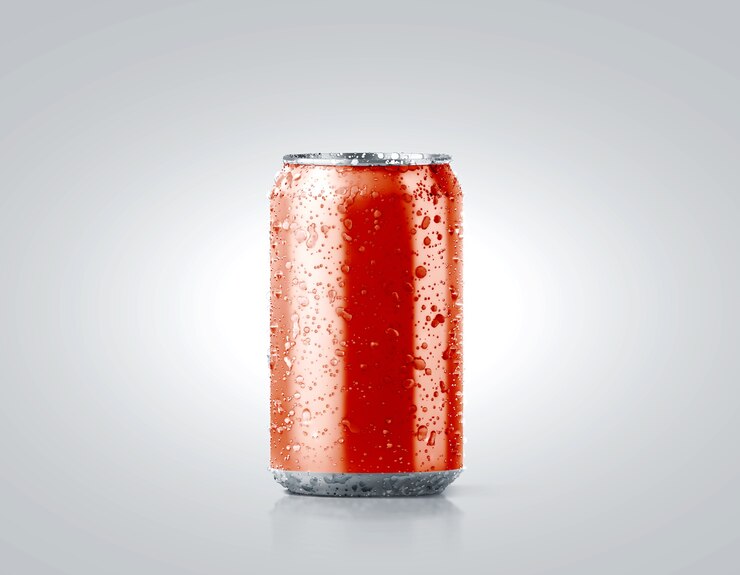 Foto leere rote kalte aluminium-soda-dose mit tropfen, 330 ml