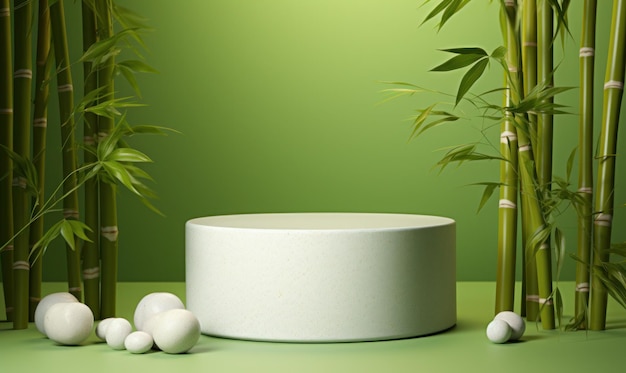 Leere runde Marmor-Stein-Plattform-Podium mit Bambusbaum auf grünem Hintergrund Produkt-Display-Präsentationskonzept