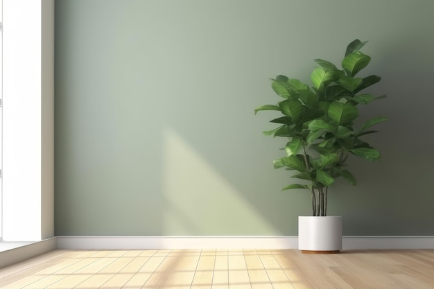 Leere salvie-grüne Wand im Haus mit grünem tropischen Baum AI