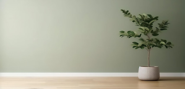 Foto leere salvie-grüne wand im haus mit grünem tropischen baum in weißem modernen design topf-basisbrett