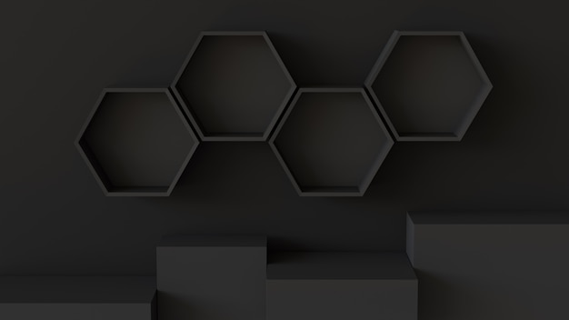 Leere schwarze hexagonregale und würfelkastenpodium auf wandhintergrund. 3d-rendering.