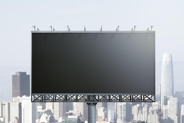 Leere schwarze horizontale Plakatwand auf Skyline-Hintergrund Vorderansicht Mock-up-Werbekonzept